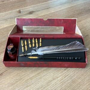 Authentic Models Quill Pen Calligraphy Set Ink Nibs Box Feather Red
